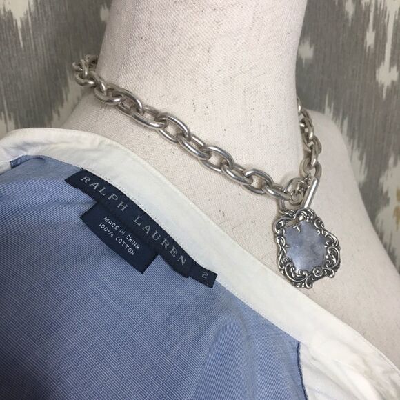 Ralph Lauren Blue & Off White Pouf Sleeve Bib Front Cotton Tuxedo Blouse - Picture 2 of 13